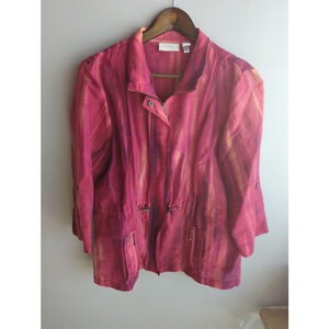 Chico's Women Linen Jacket Pink Art to Wear Abstract Cinch Waist Sz 2 Windbreake